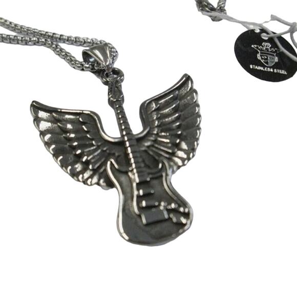 Black Jack Stainless Steel Necklace/Chain Silver Tone New Winged Guitar - Picture 6 of 6